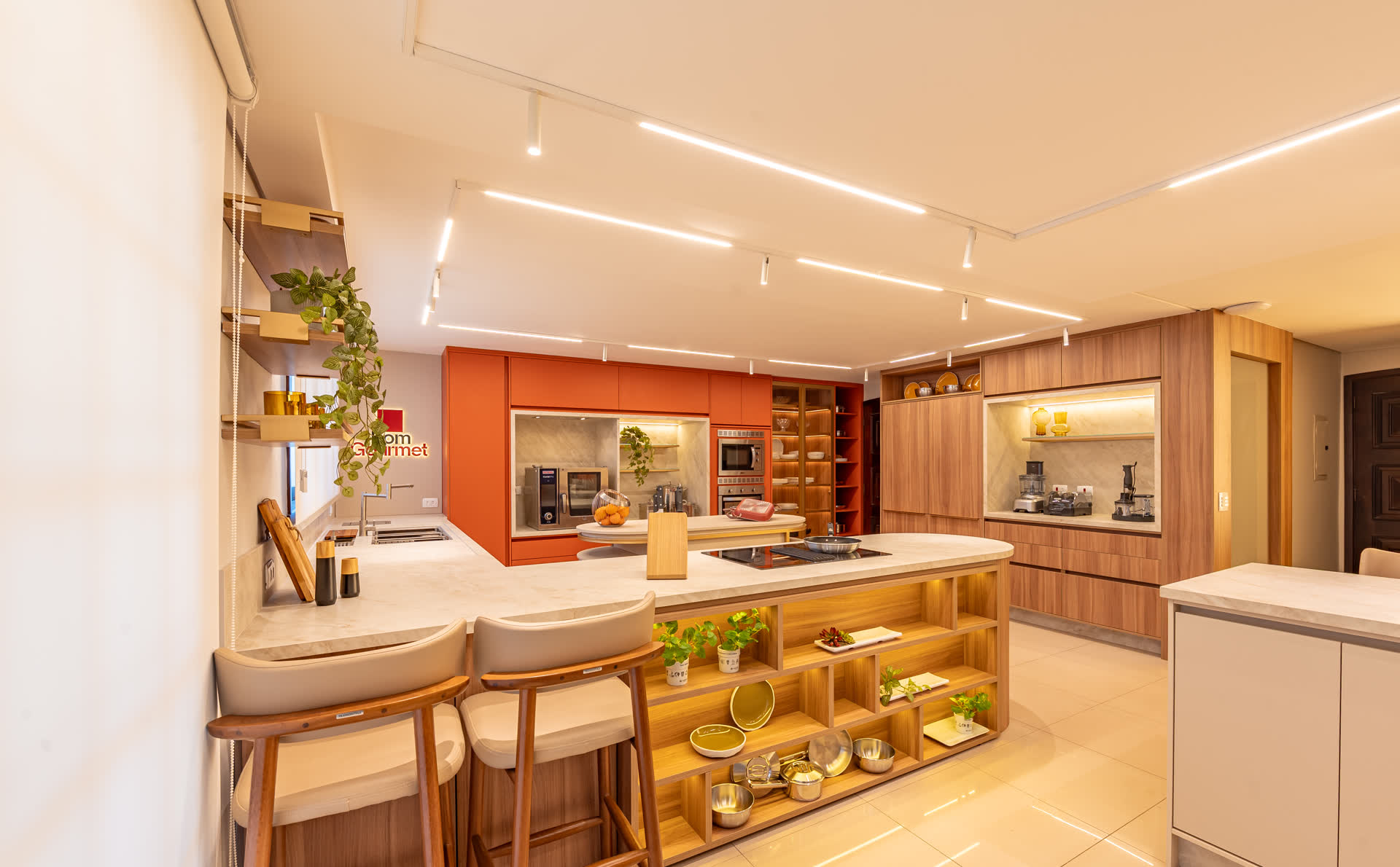 Cozinha gourmet completa, ideal para jantares corporativos e coffee breaks.
